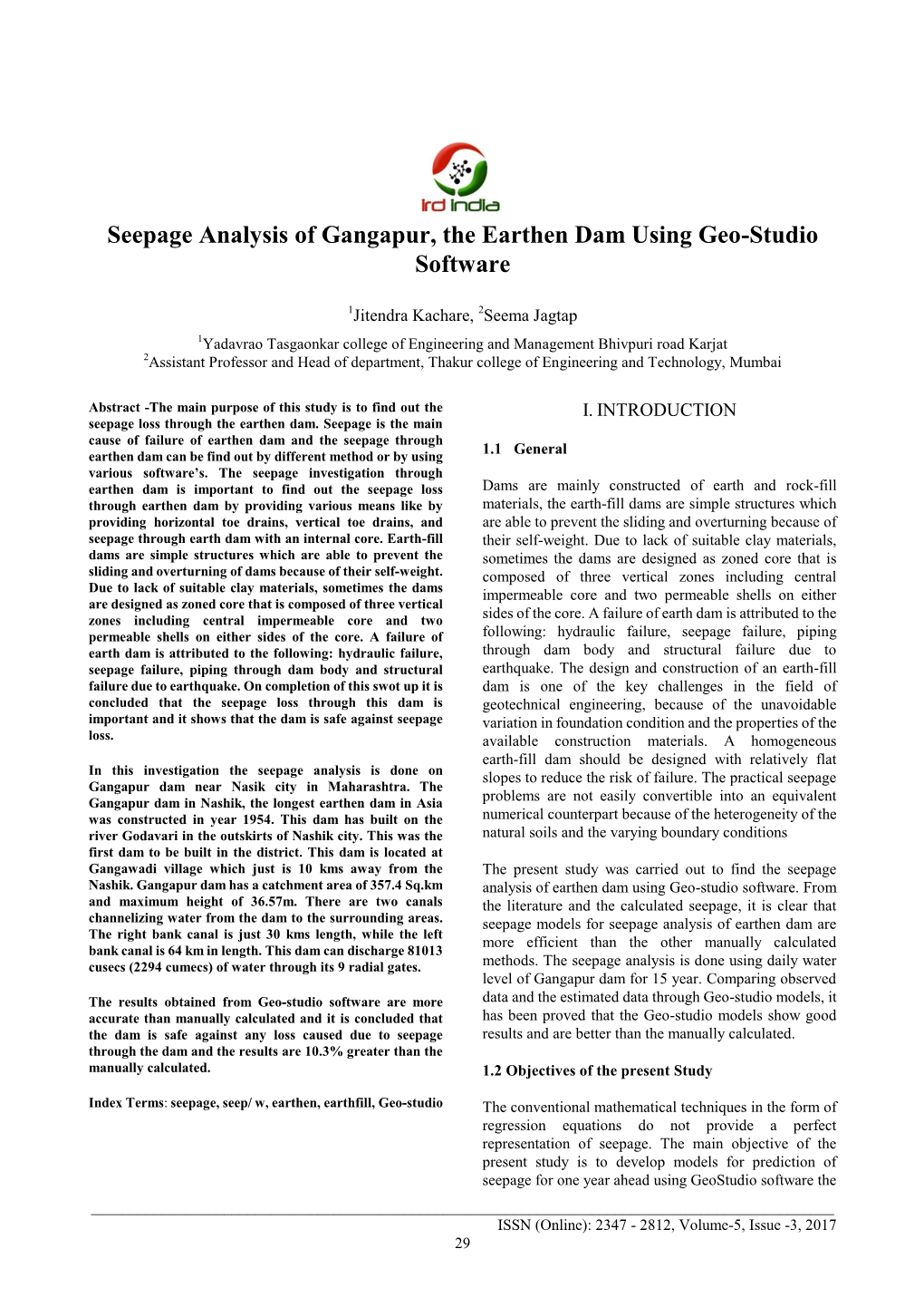 Seepage Analysis of Gangapur, the Earthen Dam Using Geo-Studio Software