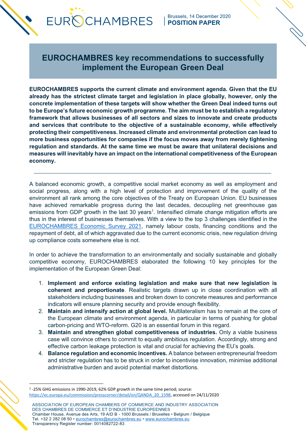 EUROCHAMBRES Position Paper Green Deal Implementation