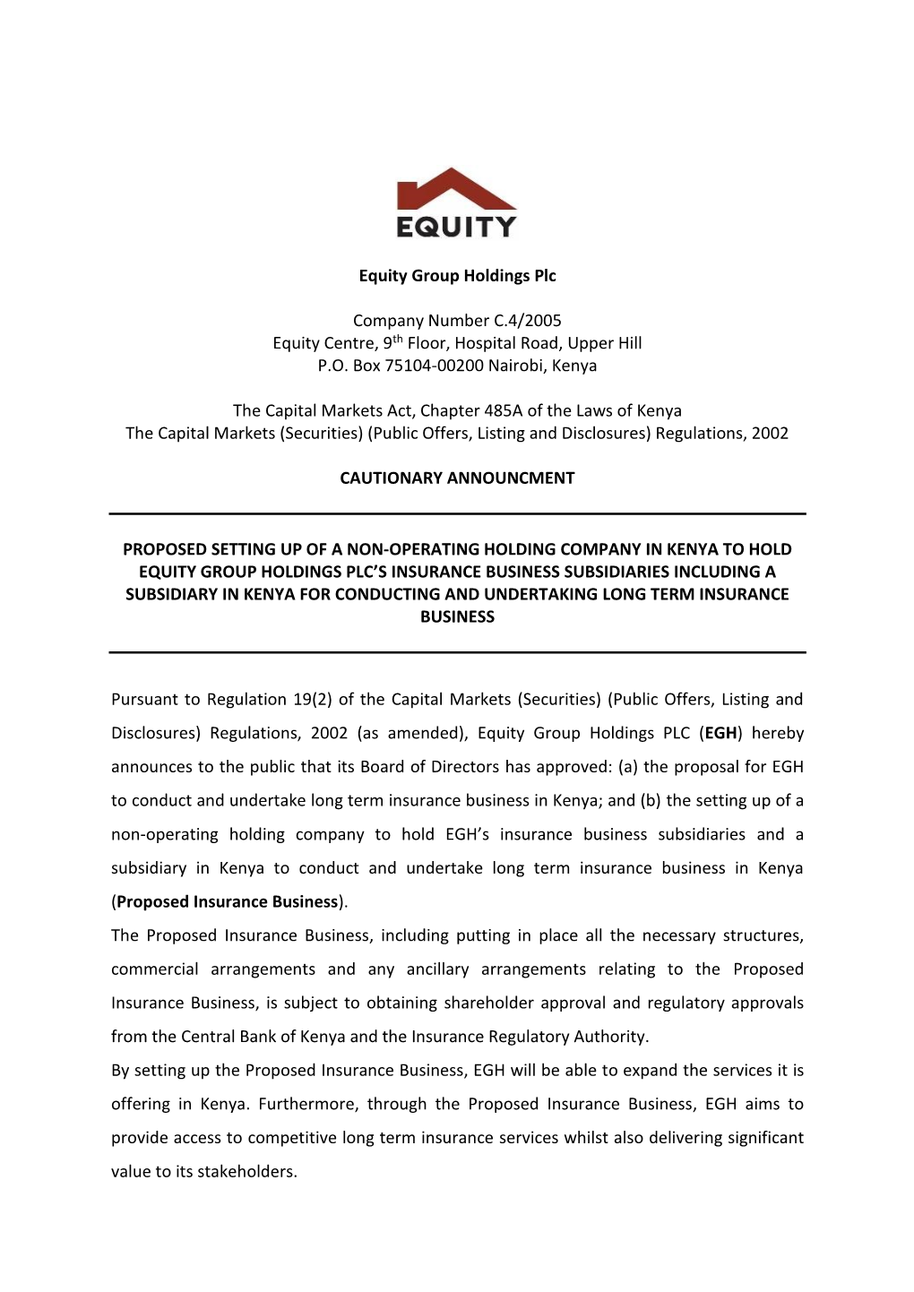 Equity Group Holdings Plc Company Number C.4/2005 Equity Centre