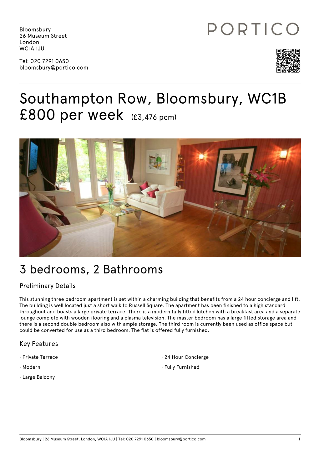 Southampton Row, Bloomsbury, WC1B £800 Per Week