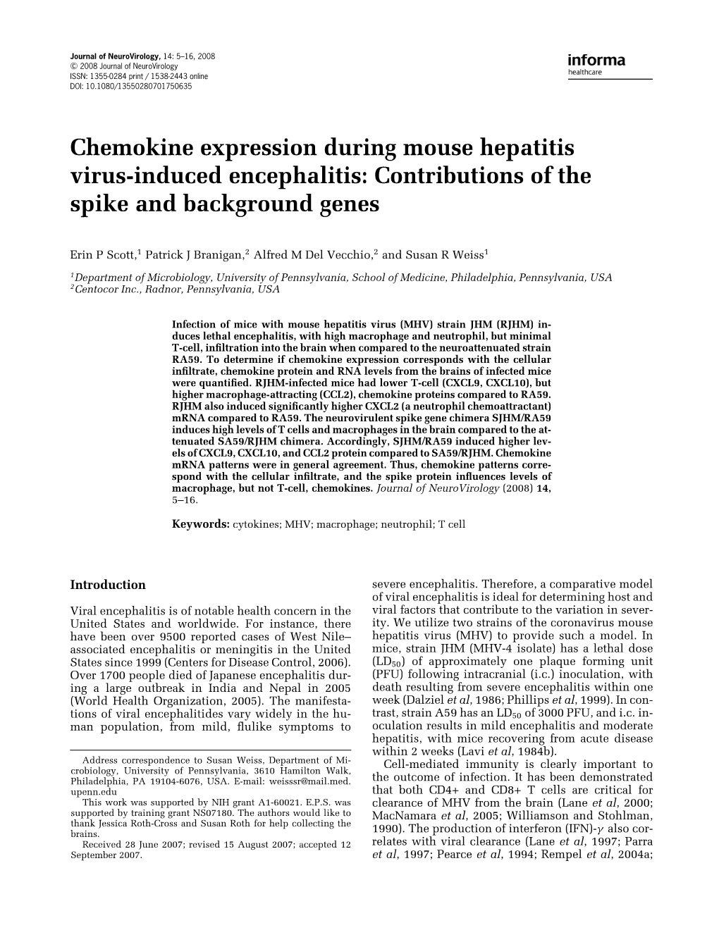 Chemokine Expression During Mouse Hepatitis Virus-Induced Encephalitis: Contributions of the Spike and Background Genes