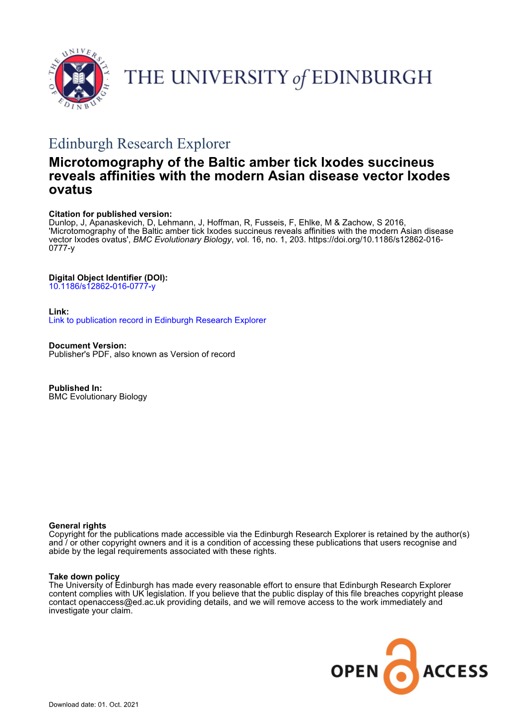 Microtomography of the Baltic Amber Tick Ixodes Succineus Reveals Affinities with the Modern Asian Disease Vector Ixodes Ovatus