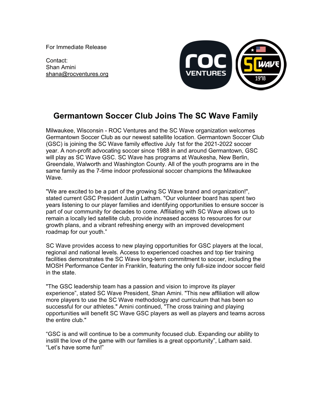 Germantown Soccer Club Joins the SC Wave Family