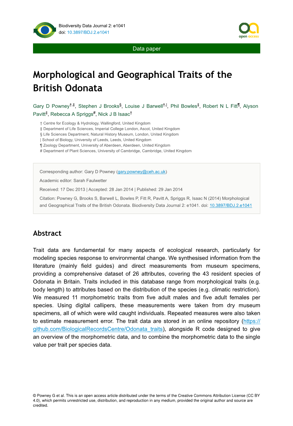 Morphological and Geographical Traits of the British Odonata