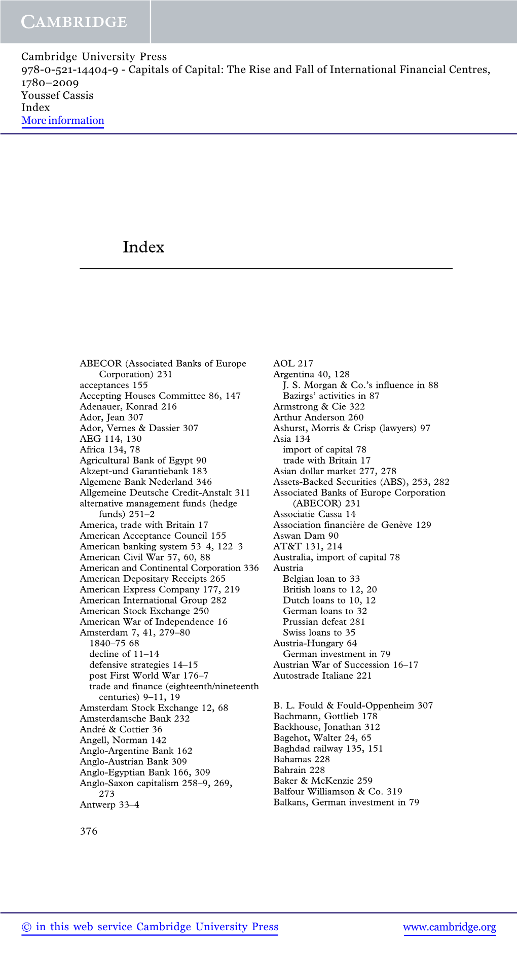 Capitals of Capital: the Rise and Fall of International Financial Centres, 1780–2009 Youssef Cassis Index More Information