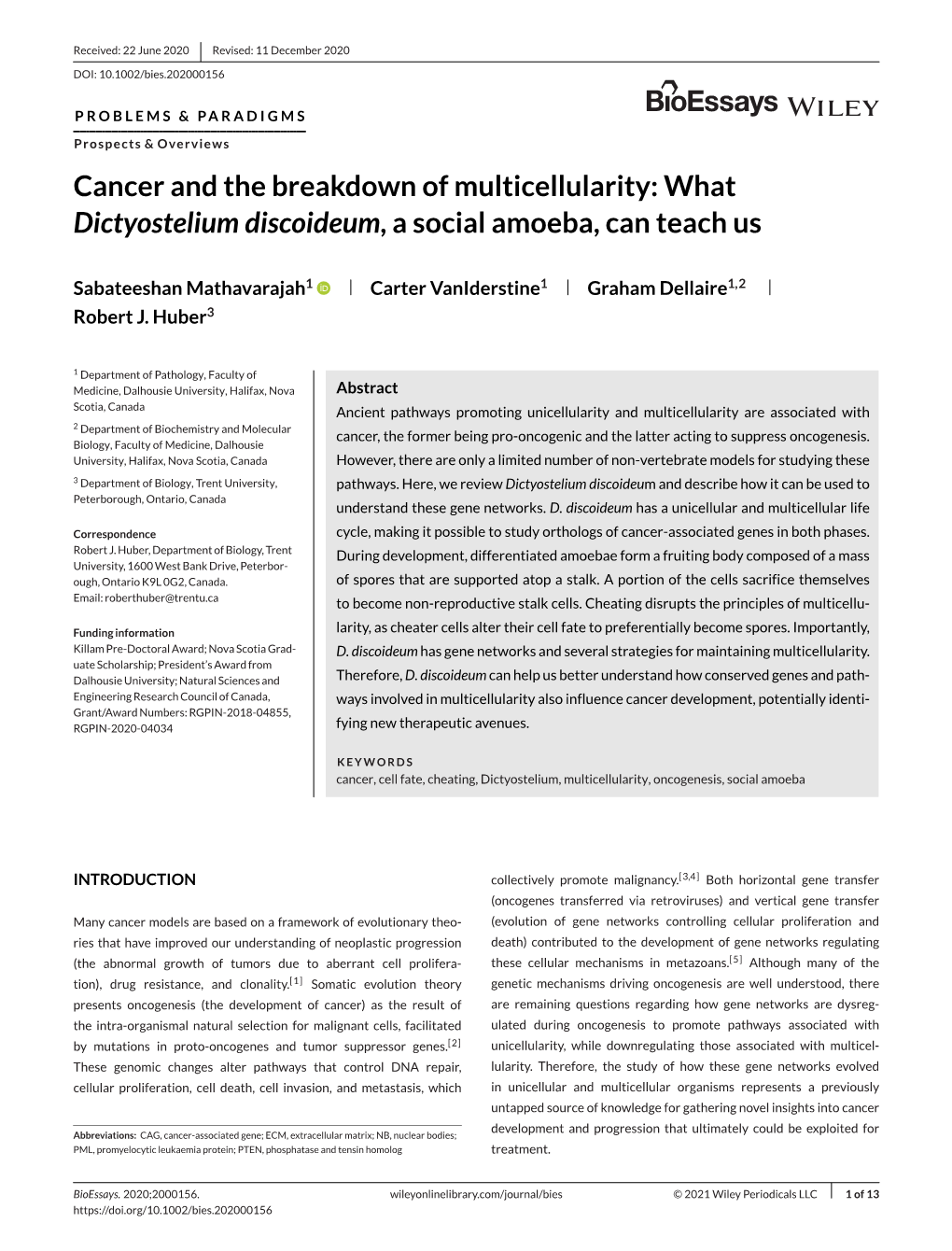 Cancer and the Breakdown of Multicellularity: What Dictyostelium Discoideum, a Social Amoeba, Can Teach Us