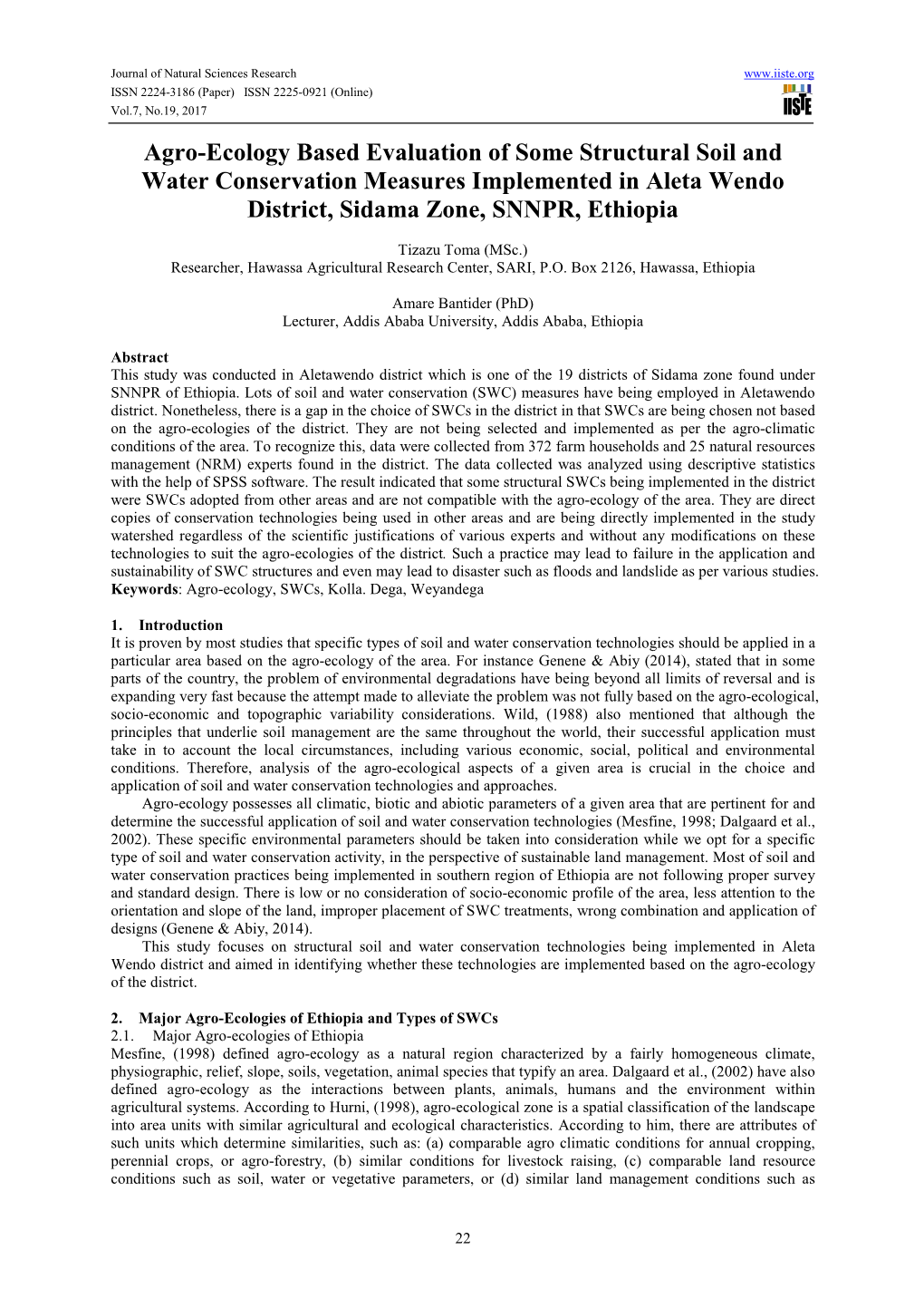 Water Conservation Measures Implemented in Aleta Wendo District, Sidama Zone, SNNPR, Ethiopia