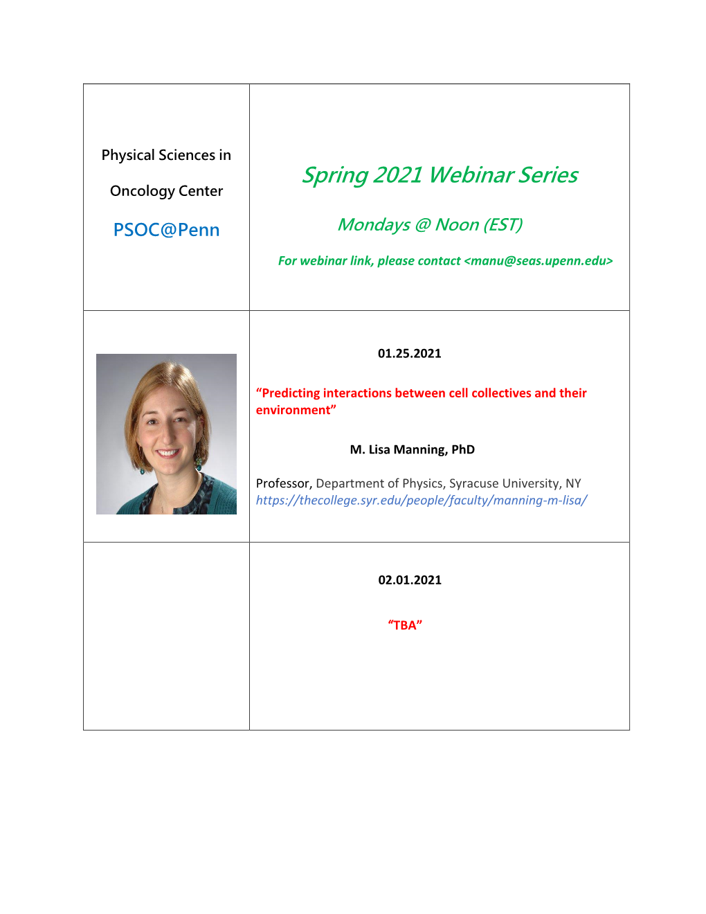 Spring 2021 Webinar Series Oncology Center