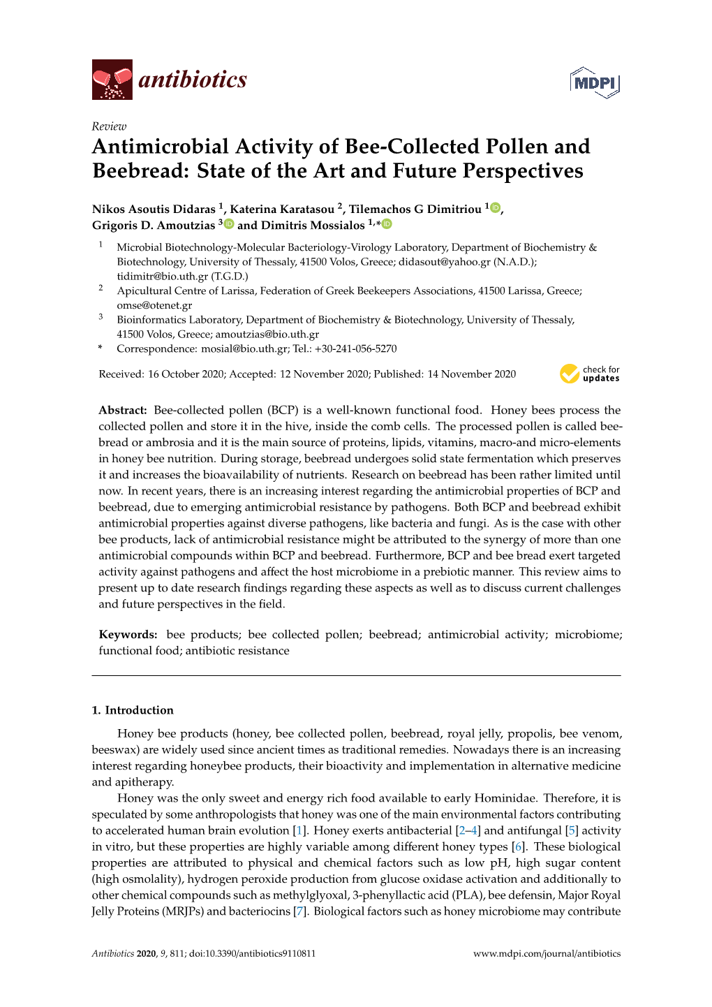 Antimicrobial Activity of Bee-Collected Pollen and Beebread: State of the Art and Future Perspectives