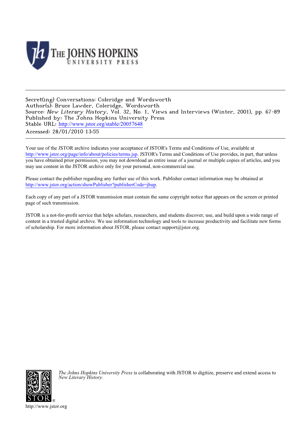 Secret(Ing) Conversations: Coleridge and Wordsworth Author(S): Bruce Lawder, Coleridge, Wordsworth Source: New Literary History, Vol