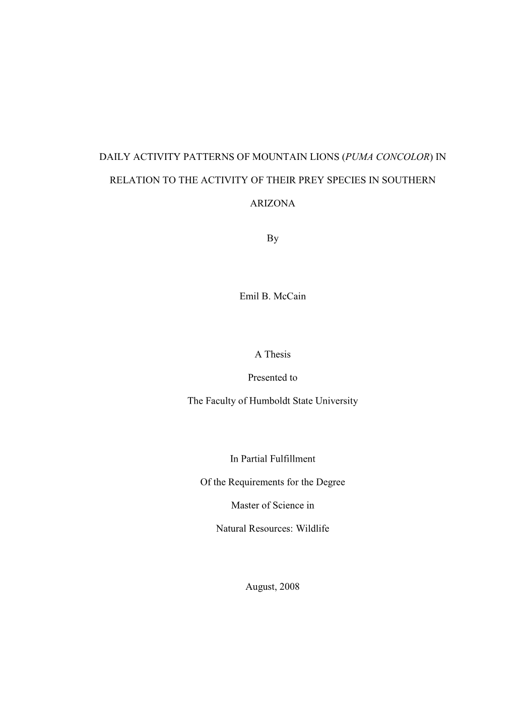 Daily Activity Patterns of Mountain Lions (Puma Concolor)