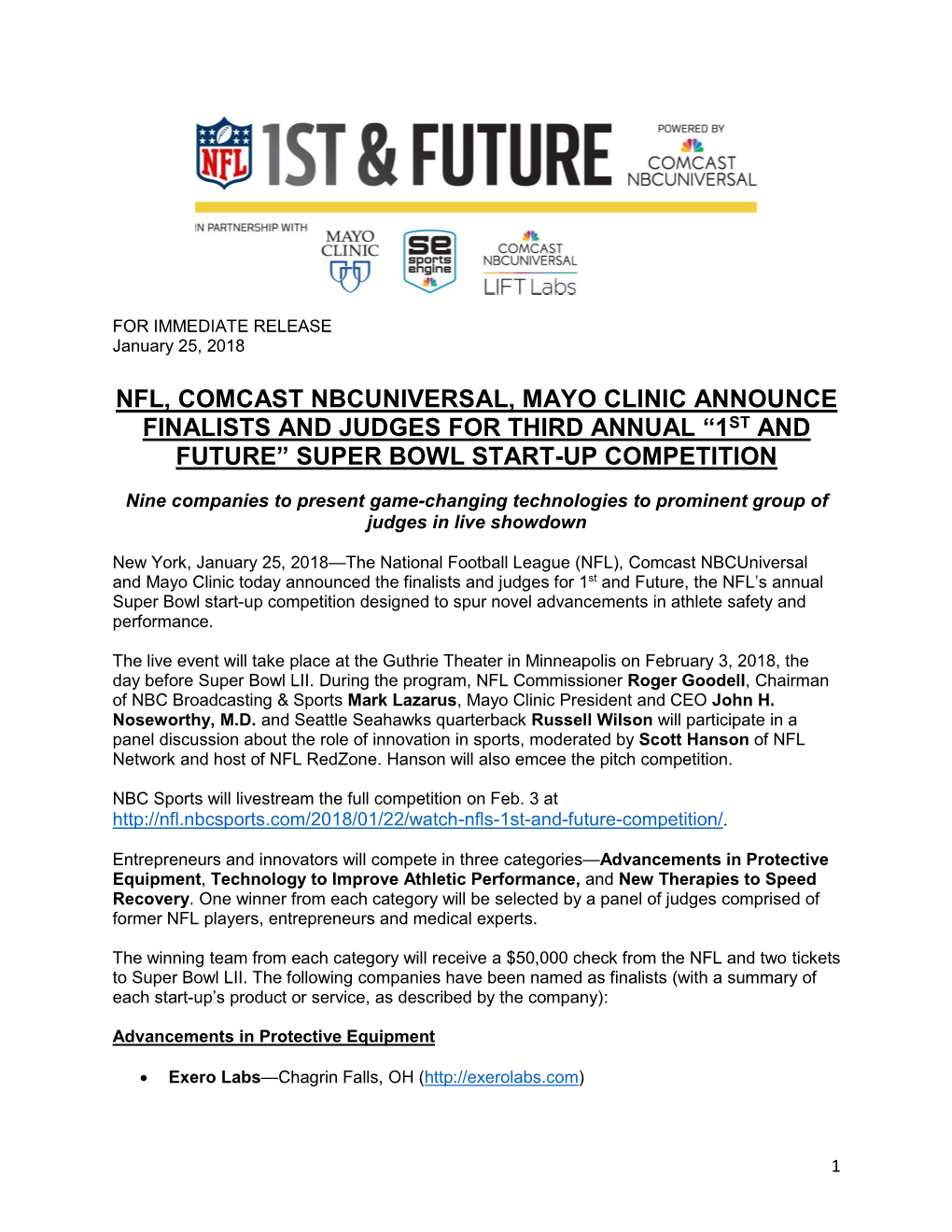 Nfl, Comcast Nbcuniversal, Mayo Clinic Announce Finalists and Judges for Third Annual “1St and Future” Super Bowl Start-Up Competition