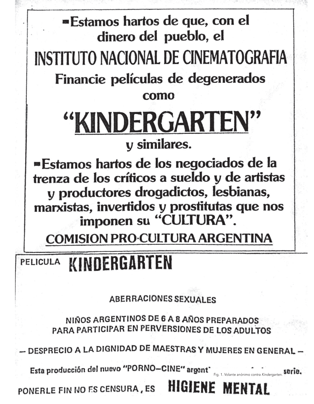 Fig. 1. Volante Anónimo Contra Kindergarten. Crónica De Un Caso De Censura: Kindergarten (1989, Jorge Polaco), La Iglesia Y La Frágil Postdictadura Argentina 219
