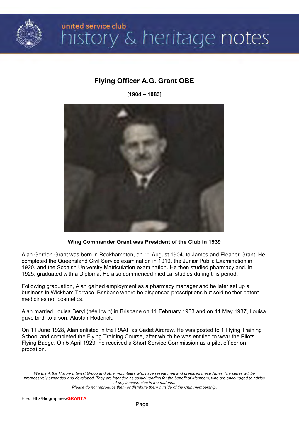 Flying Officer A.G. Grant OBE