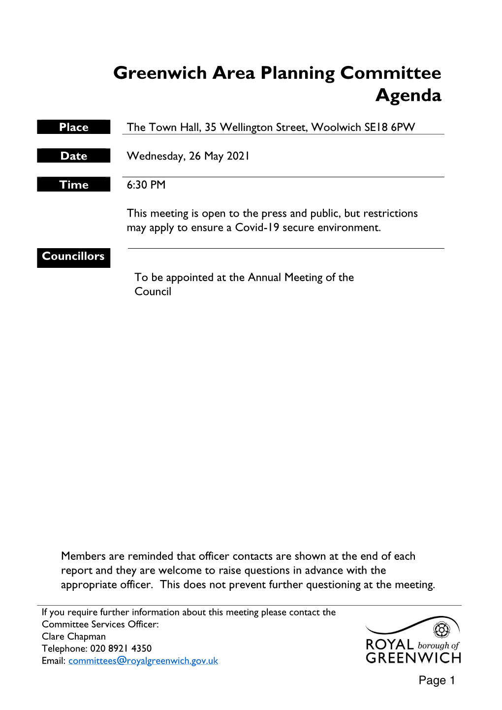 Greenwich Area Planning Committee Agenda