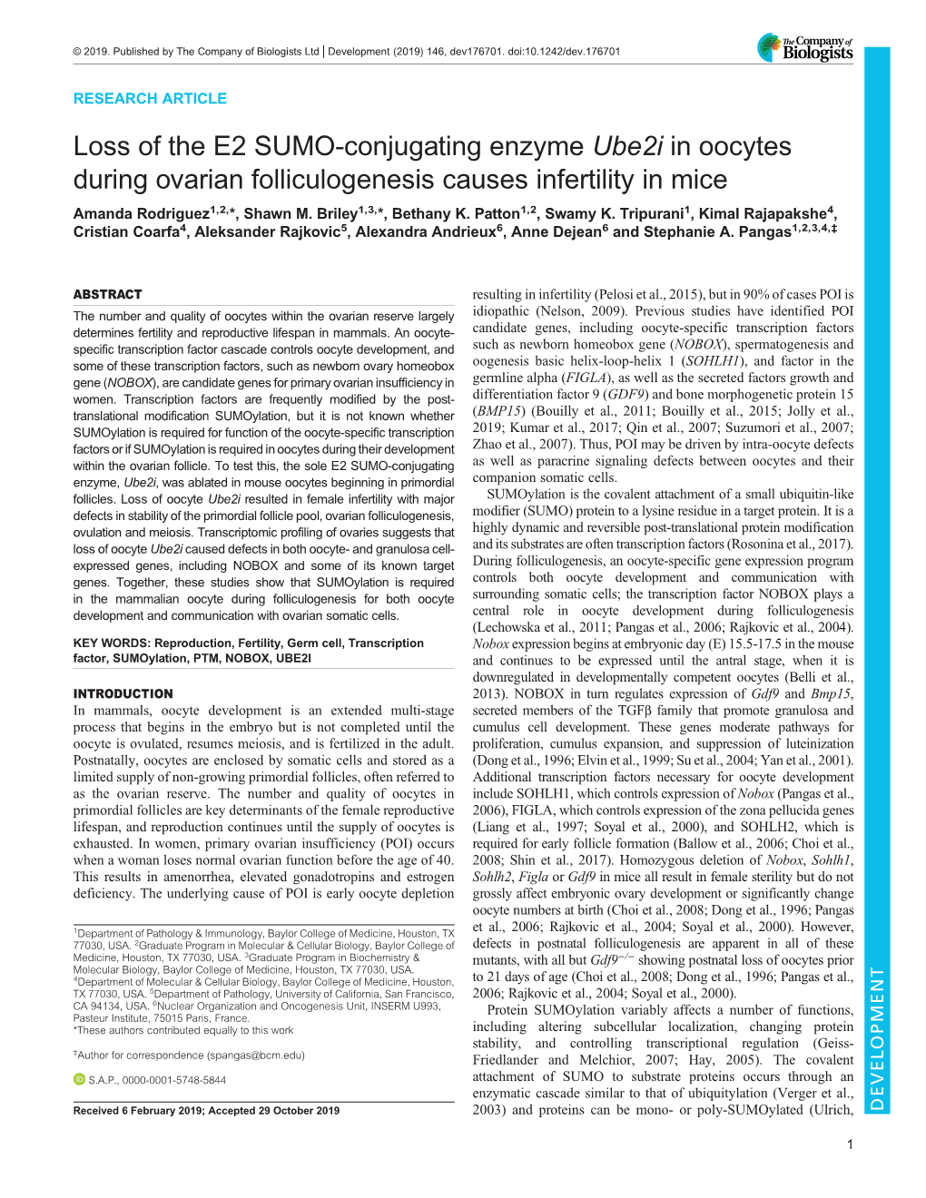 Loss of the E2 SUMO-Conjugating Enzyme Ube2i in Oocytes During Ovarian Folliculogenesis Causes Infertility in Mice Amanda Rodriguez1,2,*, Shawn M