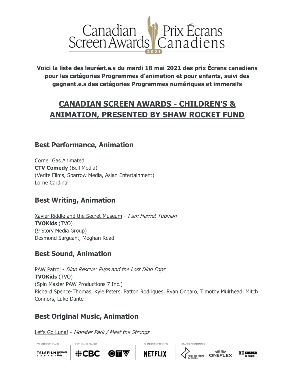 Canadian Screen Awards - Children's & Animation, Presented by Shaw Rocket Fund