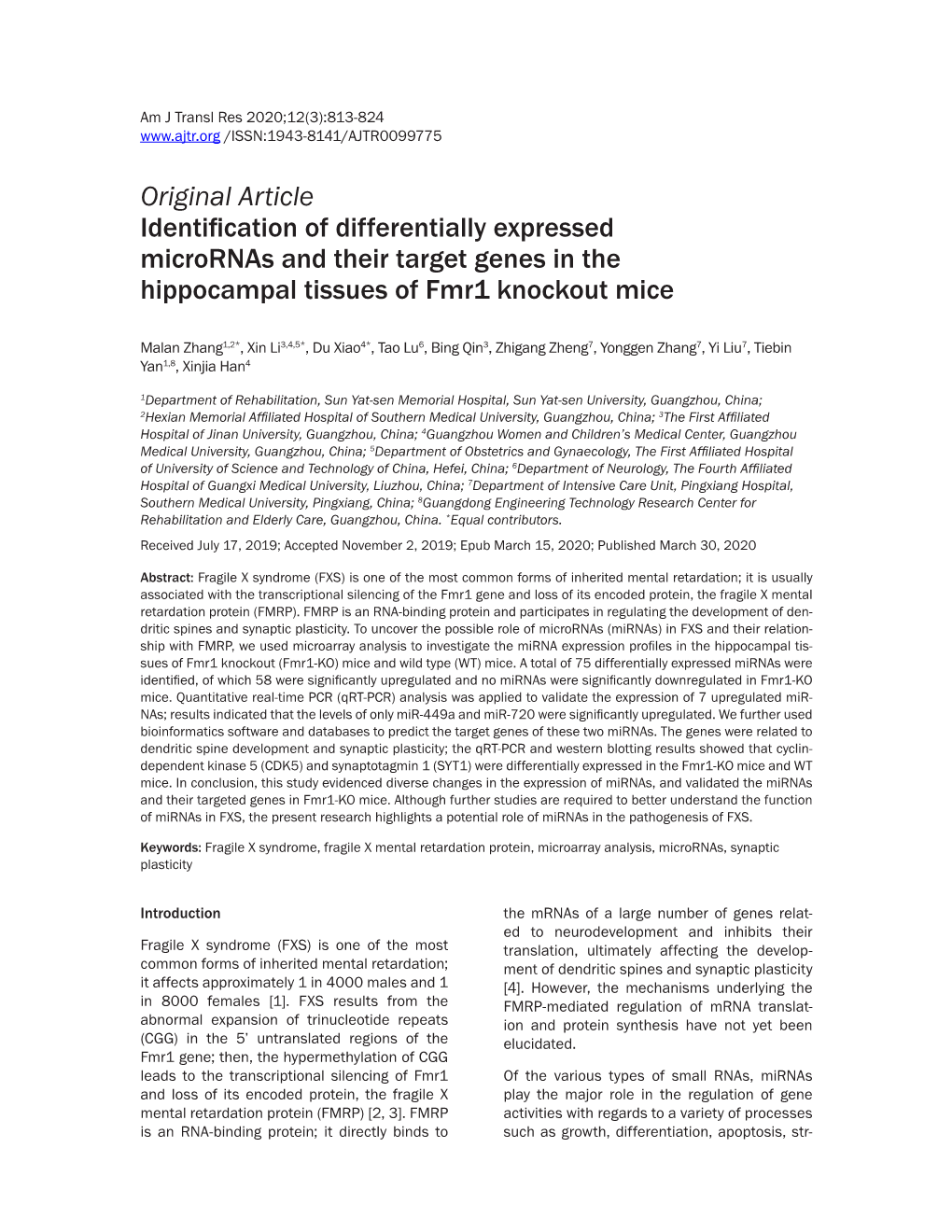 Original Article Identification of Differentially Expressed Micrornas and Their Target Genes in the Hippocampal Tissues of Fmr1 Knockout Mice