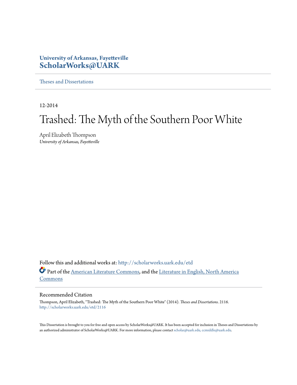 Trashed: the Myth of the Southern Poor White Trashed: the Myth of the Southern Poor White