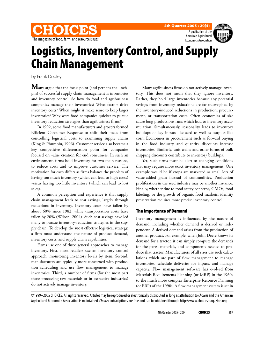Logistics, Inventory Control, and Supply Chain Management by Frank Dooley