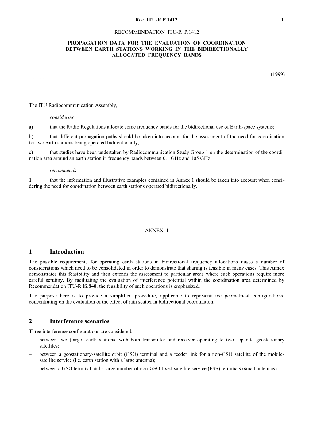 P.1412 - Propagation Data for the Evaluation of Coordination Between Earth Stations Working