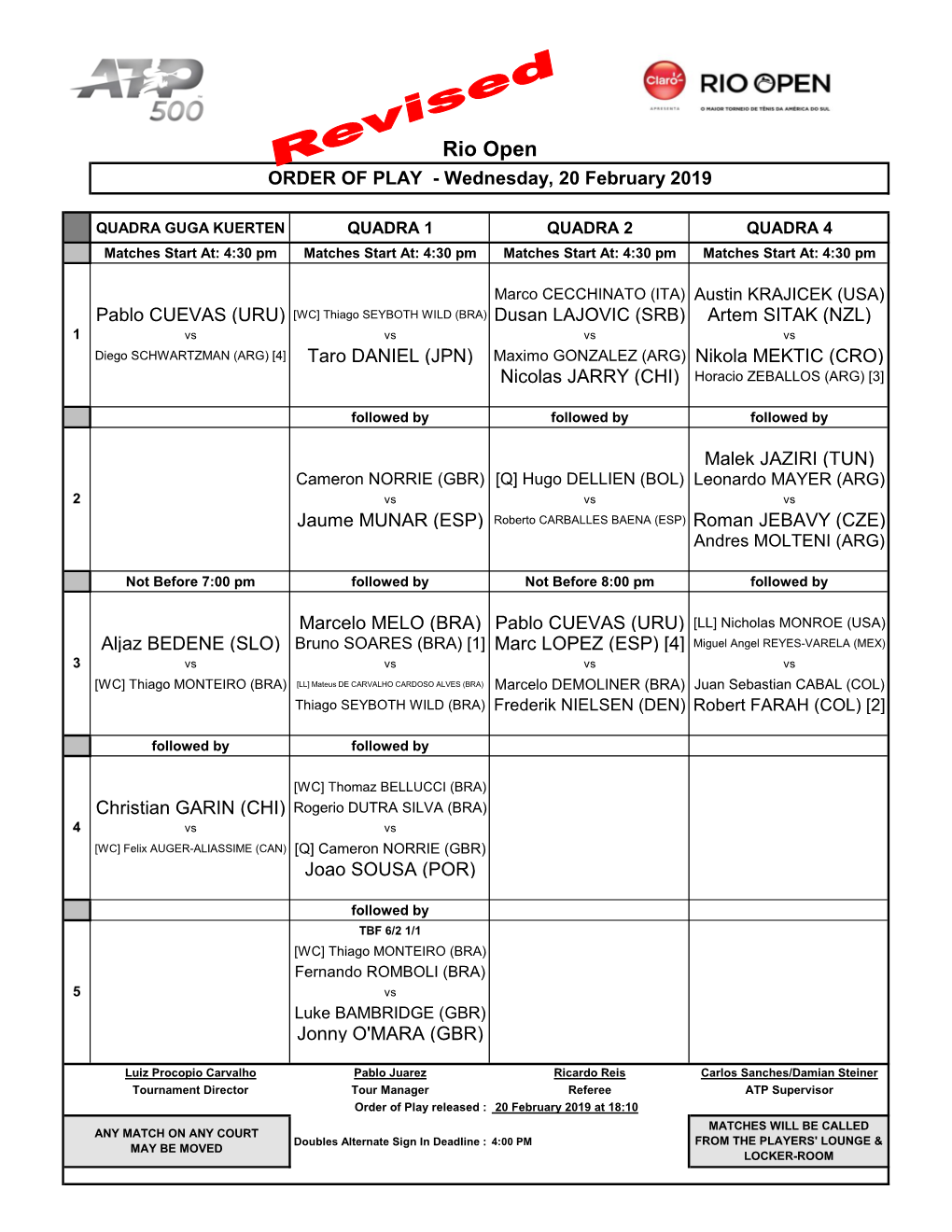 Rio Open ORDER of PLAY - Wednesday, 20 February 2019