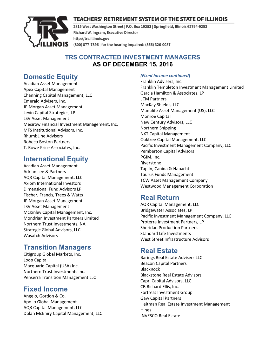 Trs Contracted Investment Managers As of December 15, 2016