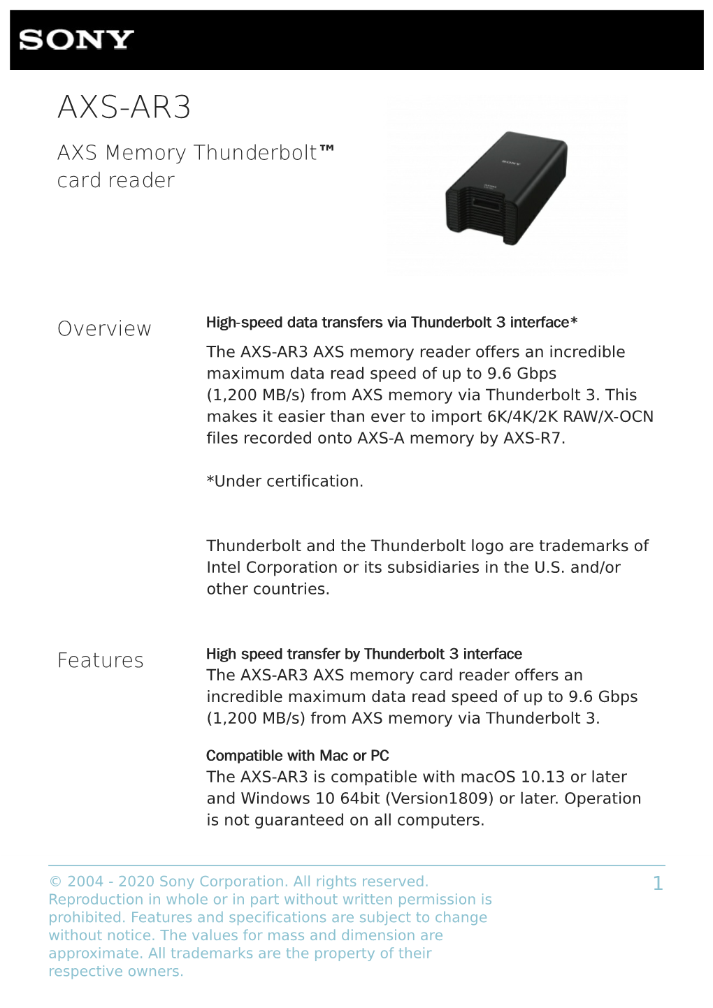 AXS-AR3 AXS Memory Thunderbolt™ Card Reader
