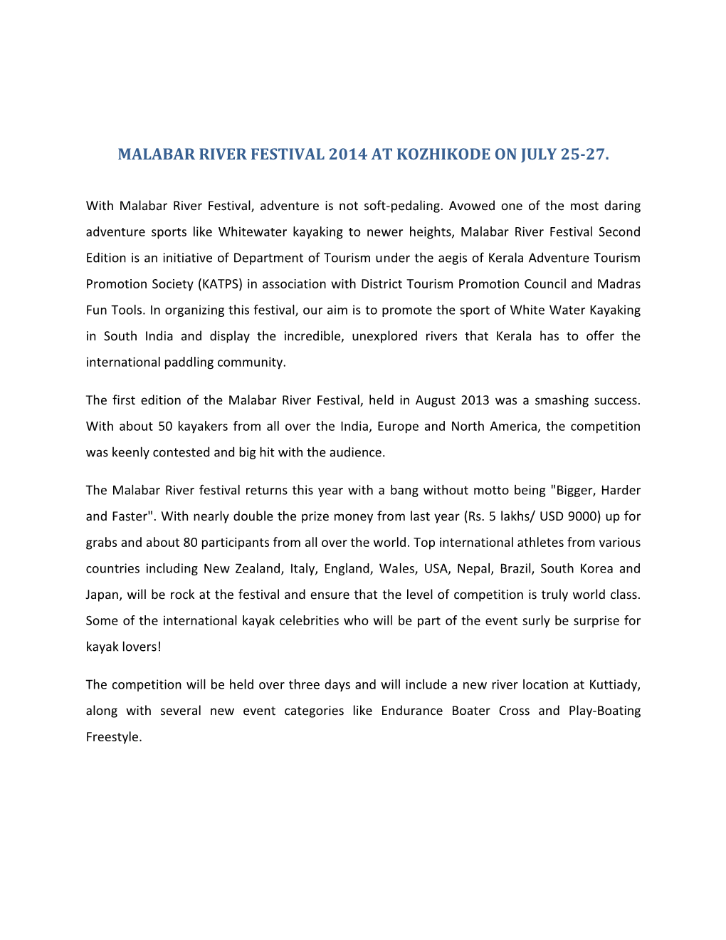 Malabar River Festival 2014 at Kozhikode on July 25-27