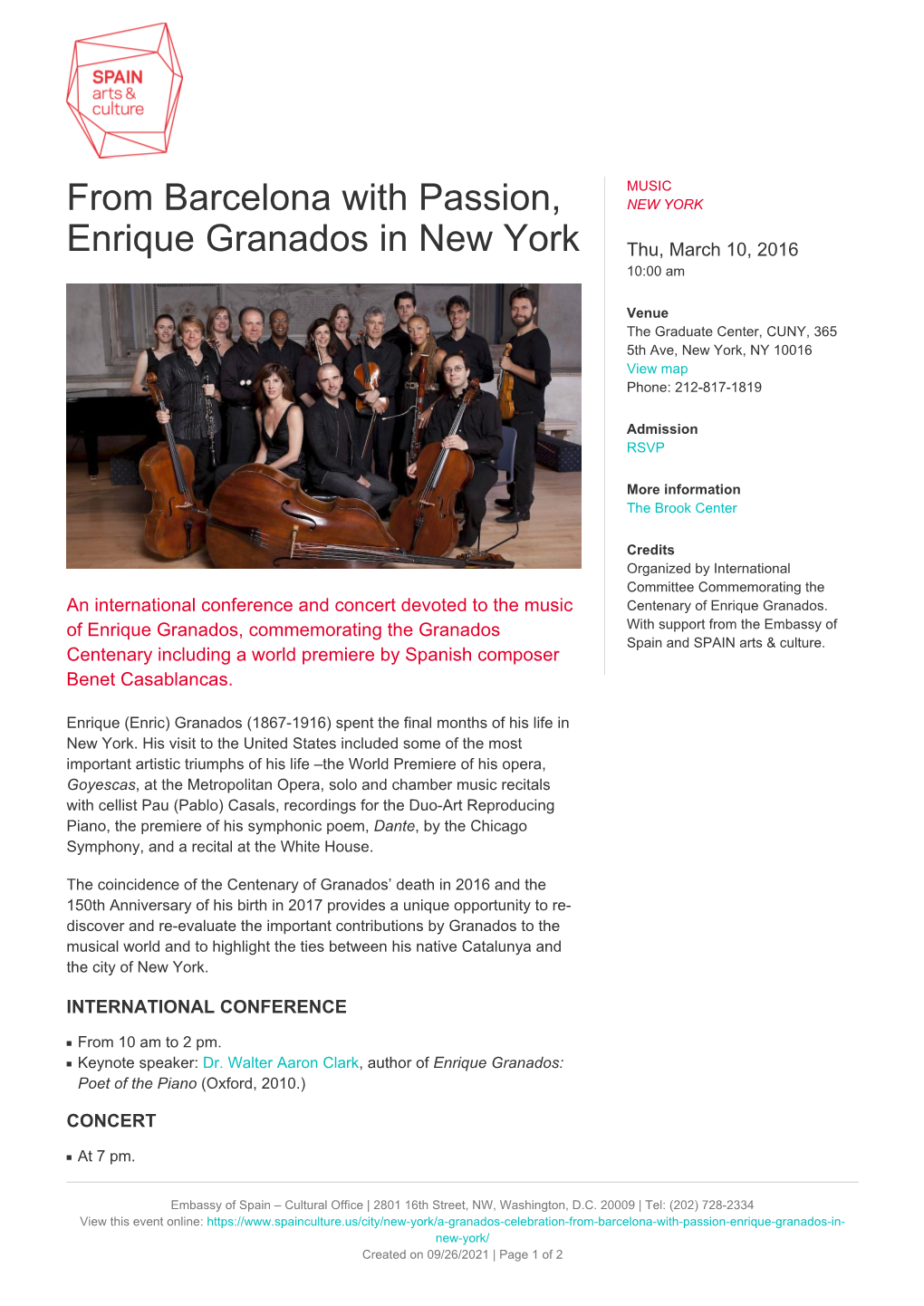 From Barcelona with Passion, Enrique Granados in New York