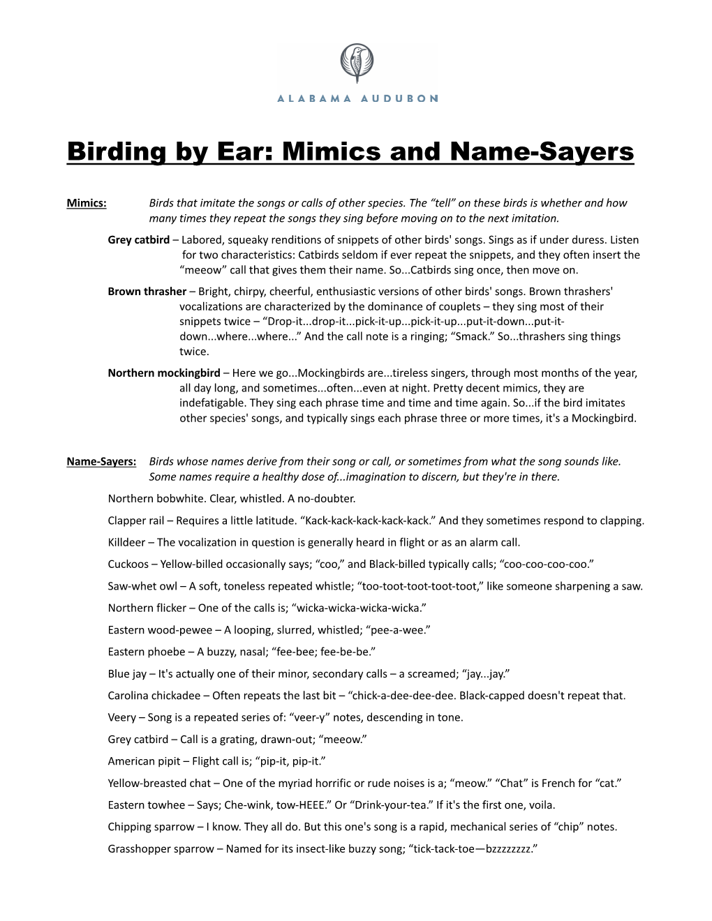 Birding by Ear: Mimics and Name-Sayers