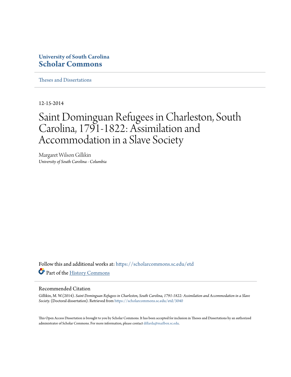 Saint Dominguan Refugees in Charleston, South Carolina, 1791