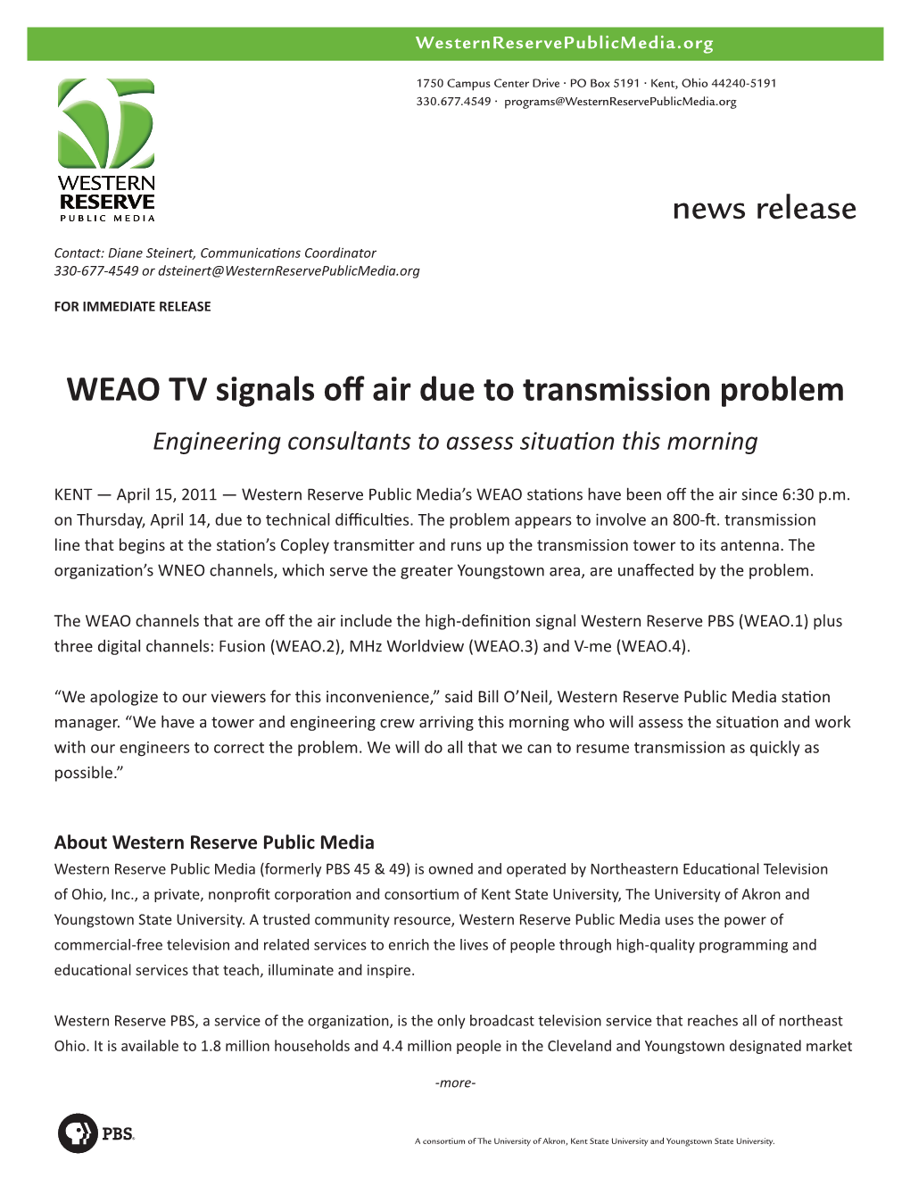 News Release WEAO TV Signals Off Air Due to Transmission Problem
