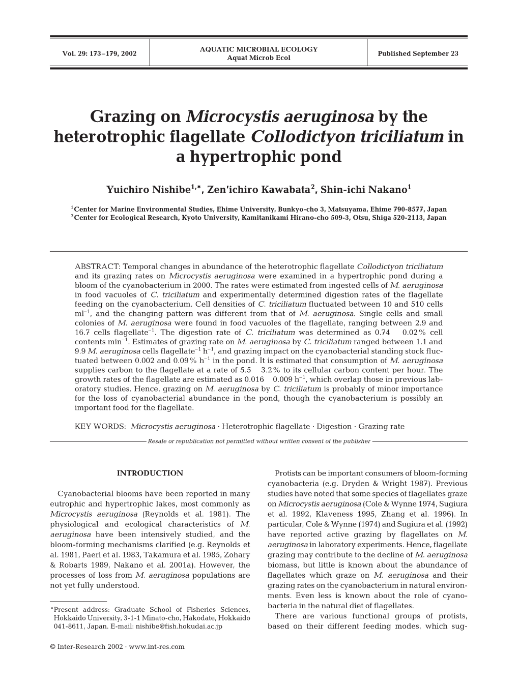 Grazing on Microcystis Aeruginosa by the Heterotrophic Flagellate Collodictyon Triciliatum in a Hypertrophic Pond