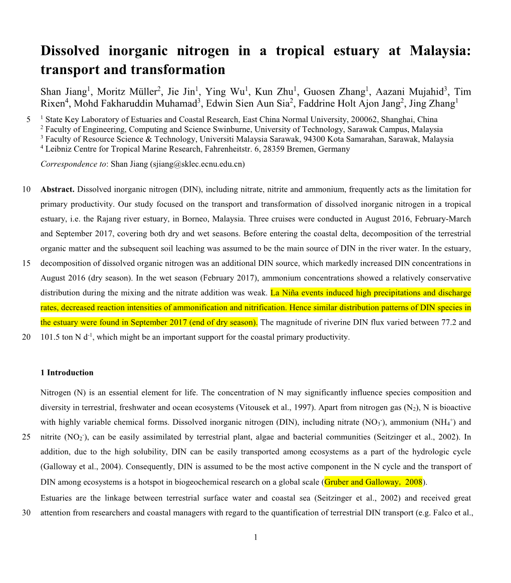 Dissolved Inorganic Nitrogen in a Tropical Estuary At