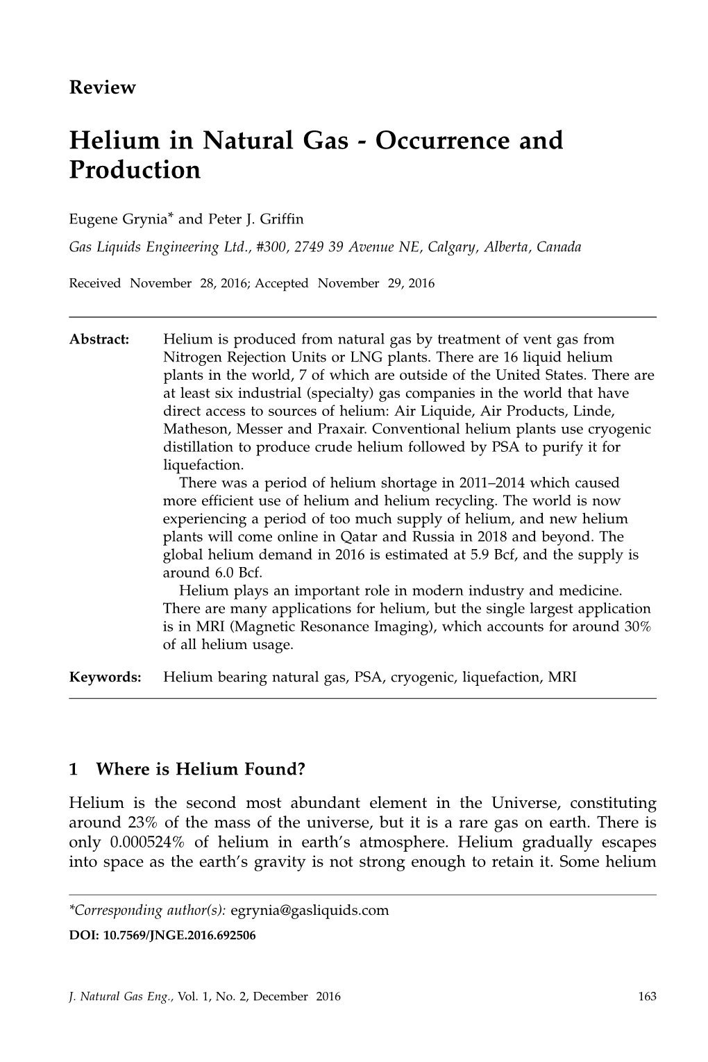 Helium in Natural Gas - Occurrence and Production