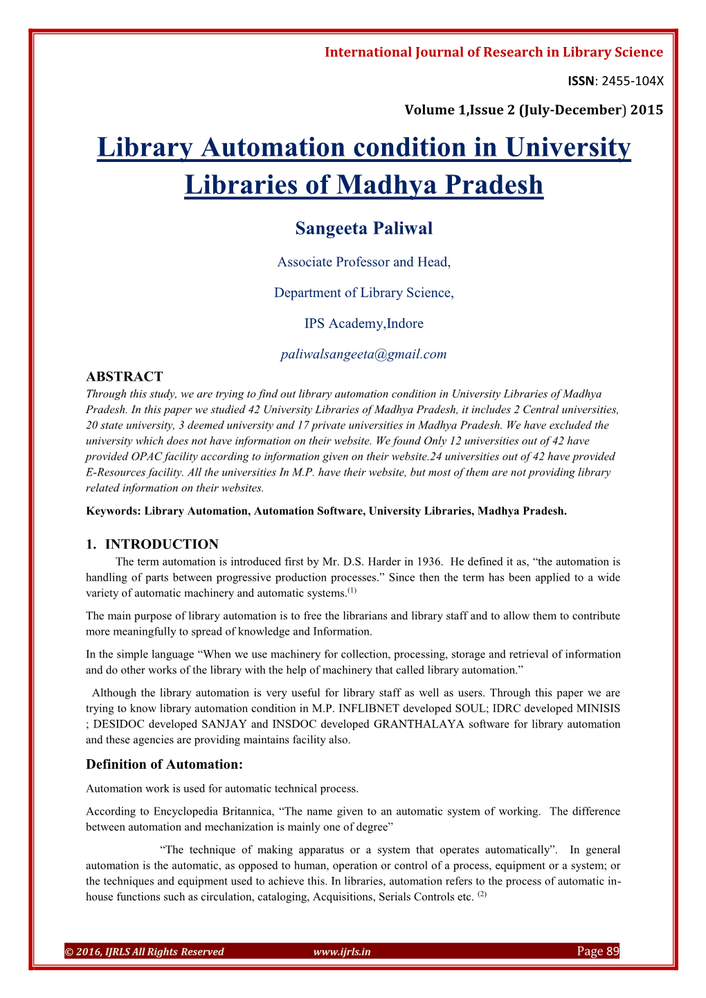 Library Automation Condition in University Libraries of Madhya Pradesh