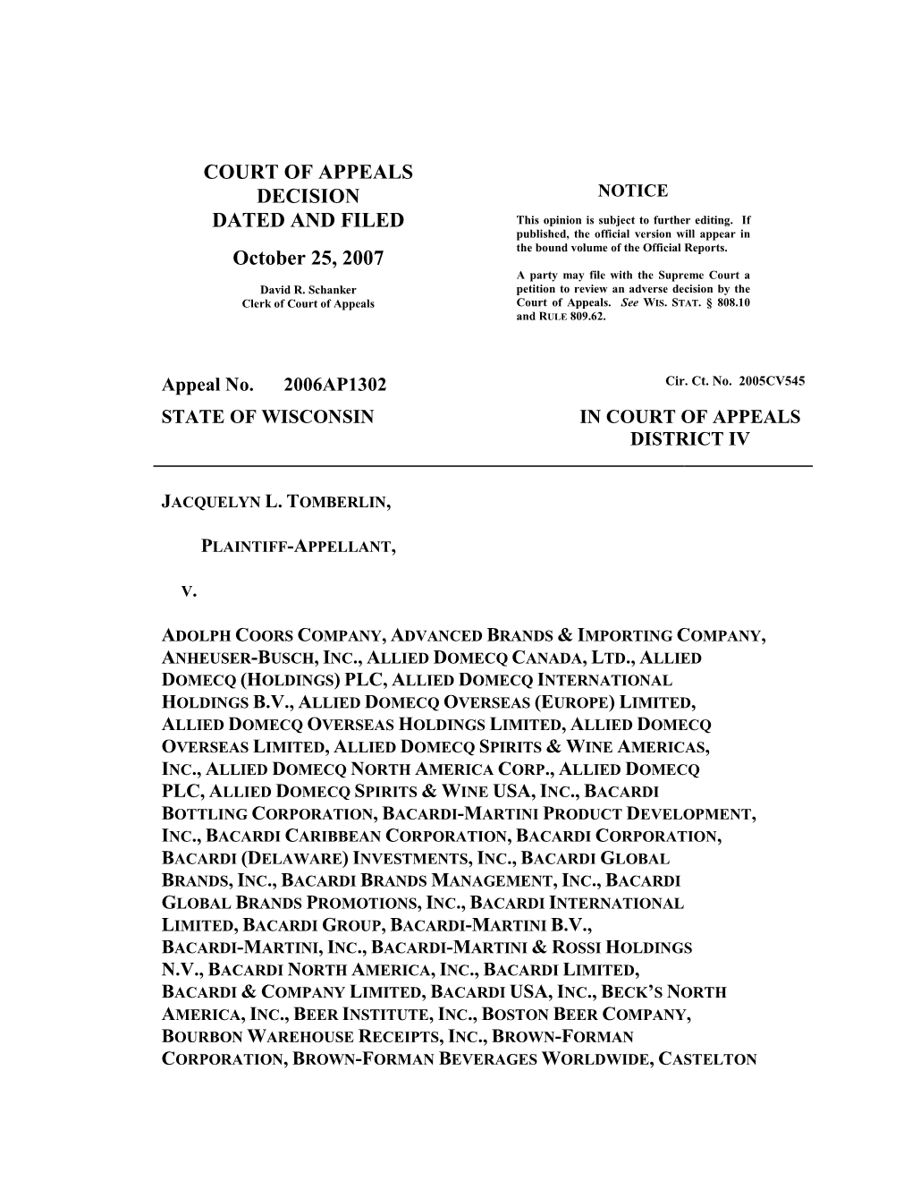 COURT of APPEALS DECISION DATED and FILED October 25, 2007