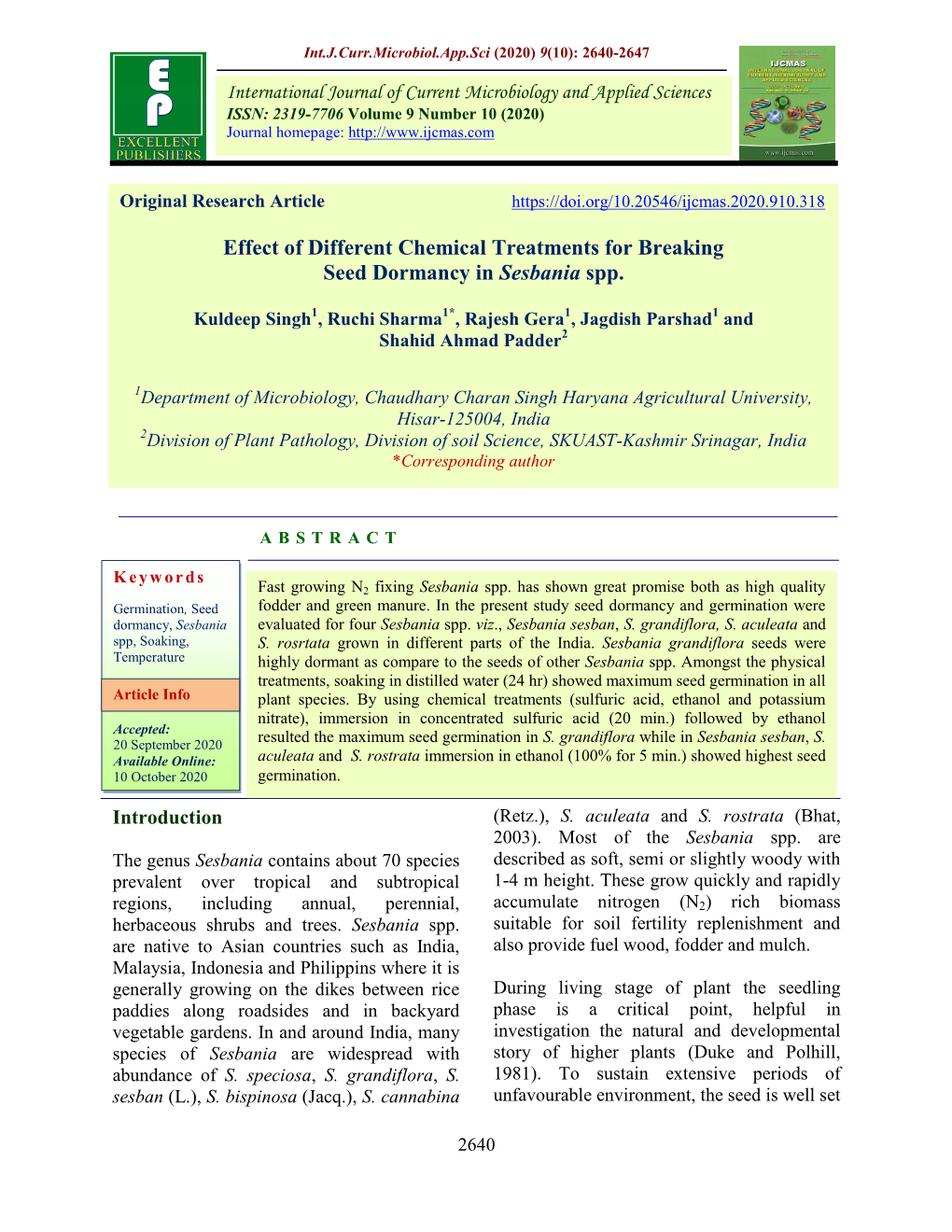 Effect of Different Chemical Treatments for Breaking Seed Dormancy in Sesbania Spp