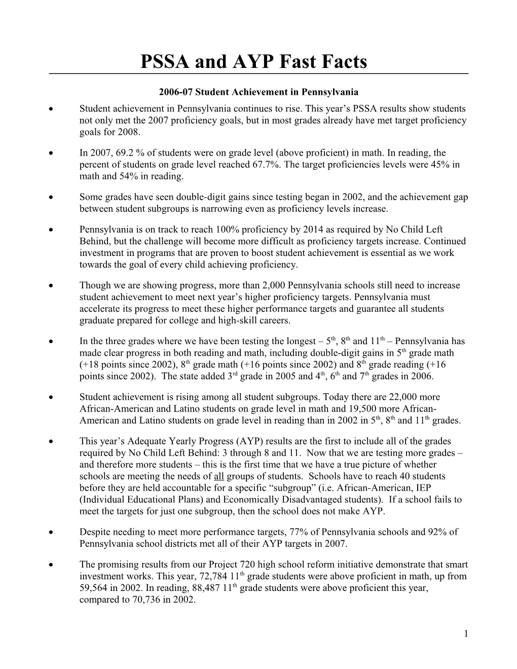 PSSA and AYP Fast Facts