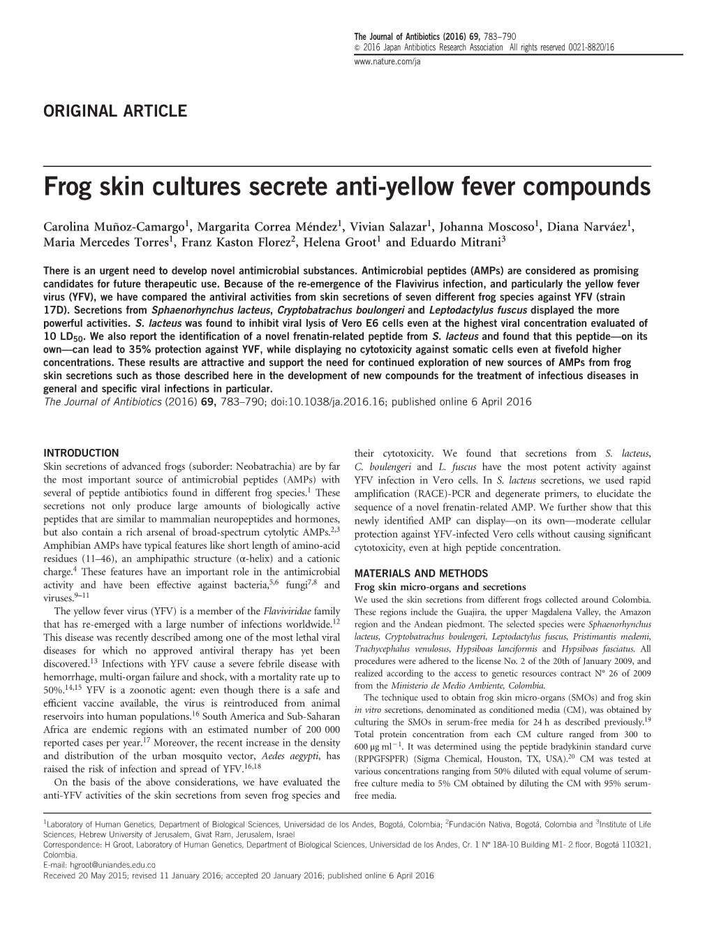 Frog Skin Cultures Secrete Anti-Yellow Fever Compounds