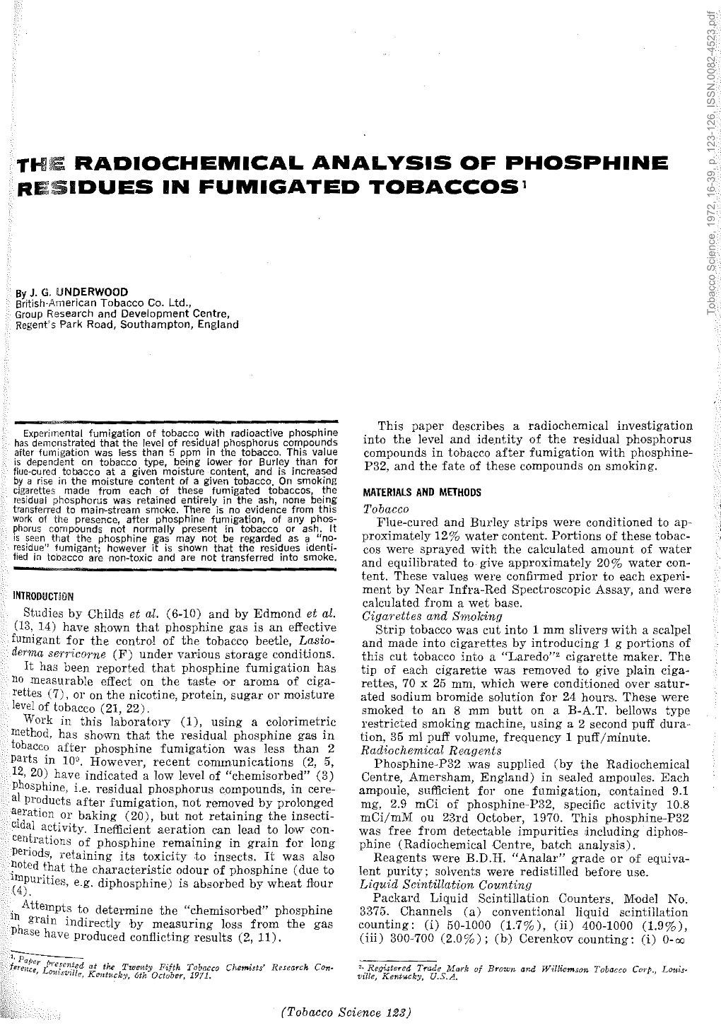 Residues in Fumigated Tobaccos 1