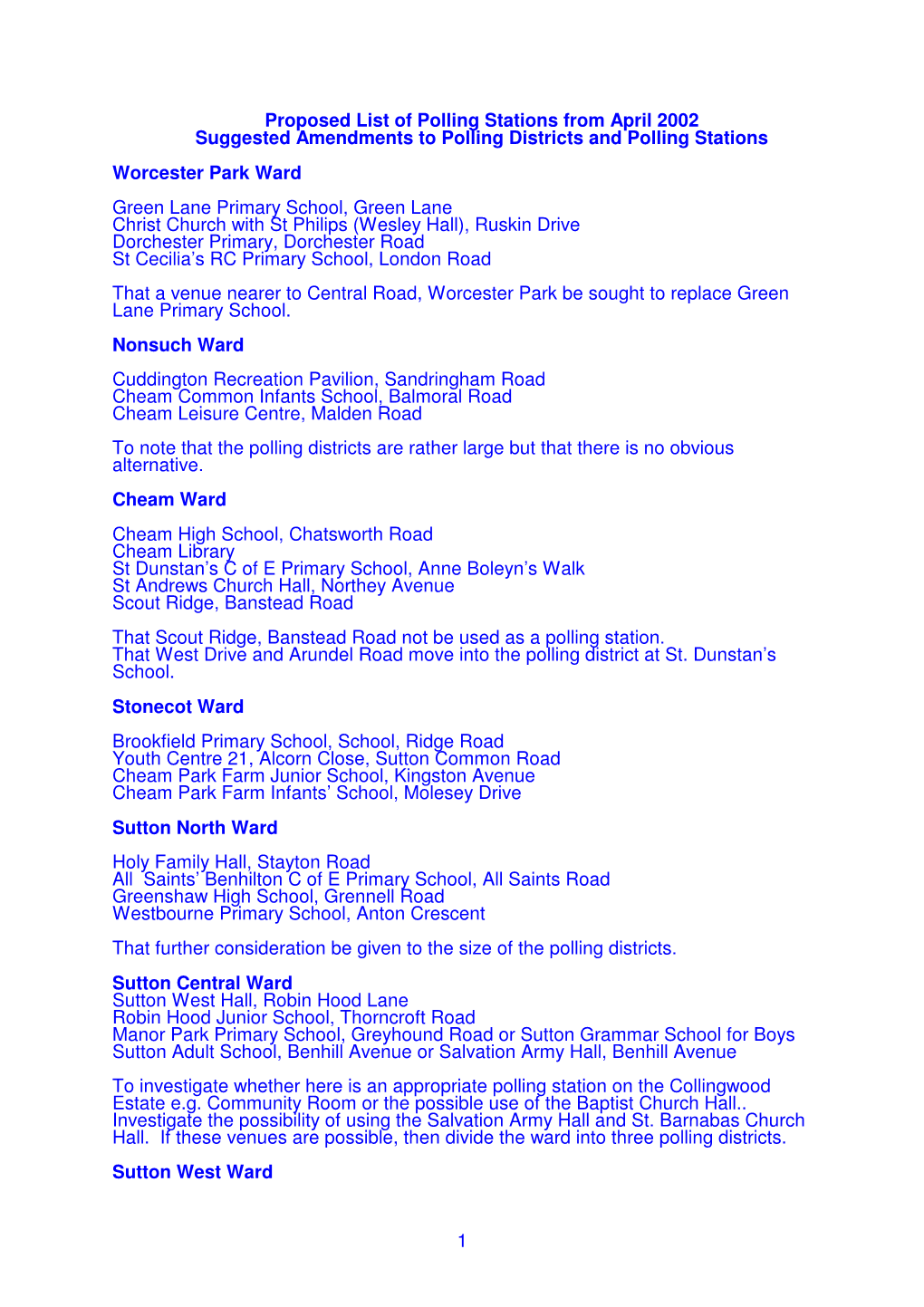 1 Proposed List of Polling Stations from April 2002 Suggested