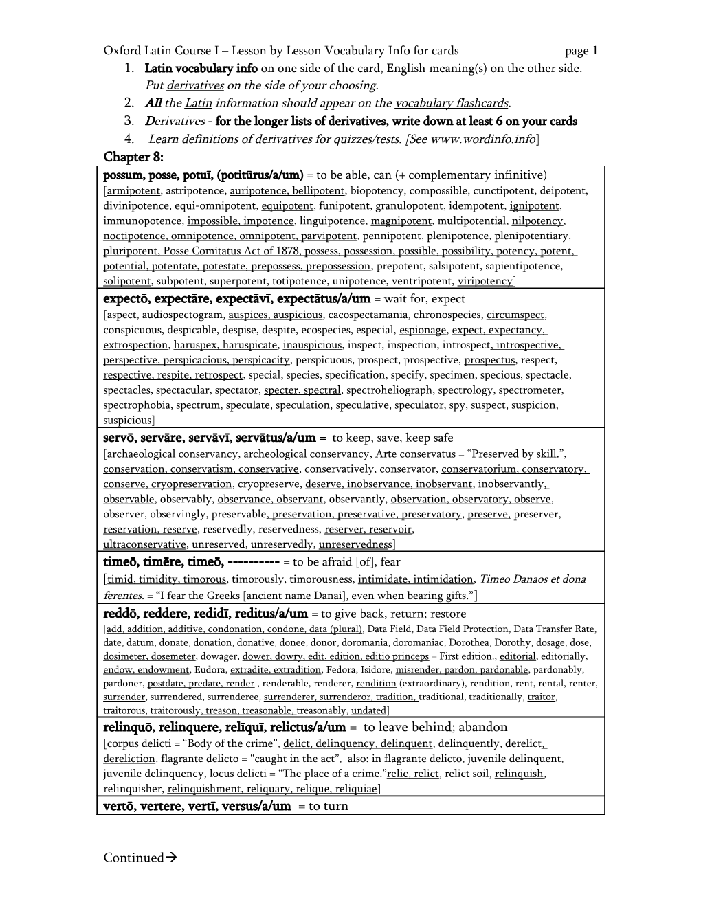 Oxford Latin Course I Lesson by Lesson Vocabulary Info for Cards Page 3