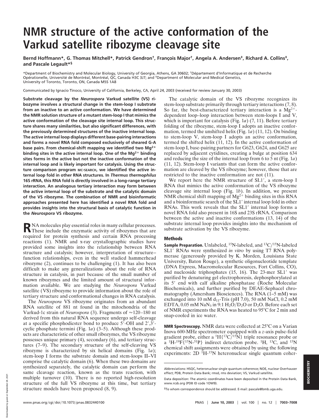 NMR Structure of the Active Conformation of the Varkud Satellite Ribozyme Cleavage Site