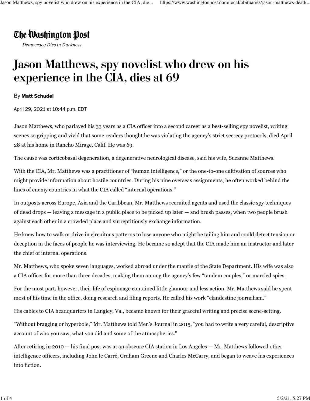 Jason Matthews, Spy Novelist Who Drew on His Experience in the CIA, Die