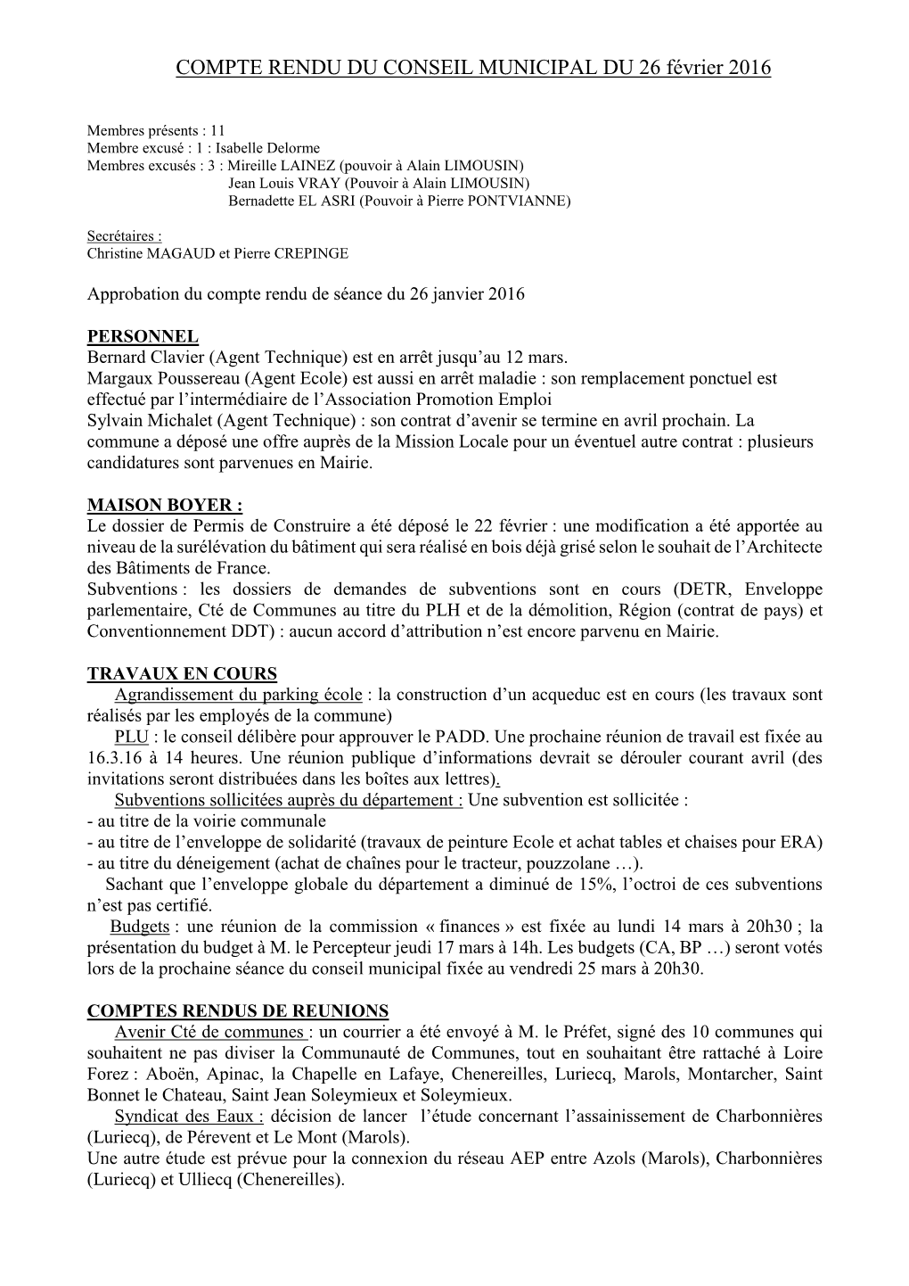 COMPTE RENDU DU CONSEIL MUNICIPAL DU 26 Février 2016