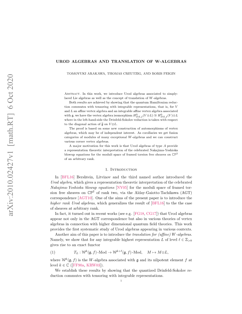 Urod Algebras and Translation of W-Algebras