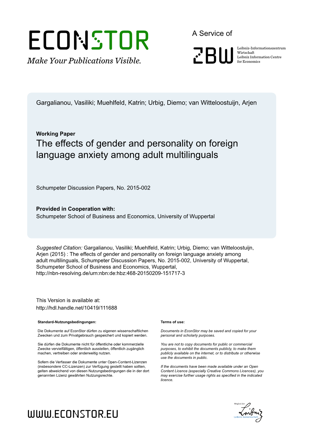 The Effects of Gender and Personality on Foreign Language Anxiety Among Adult Multilinguals