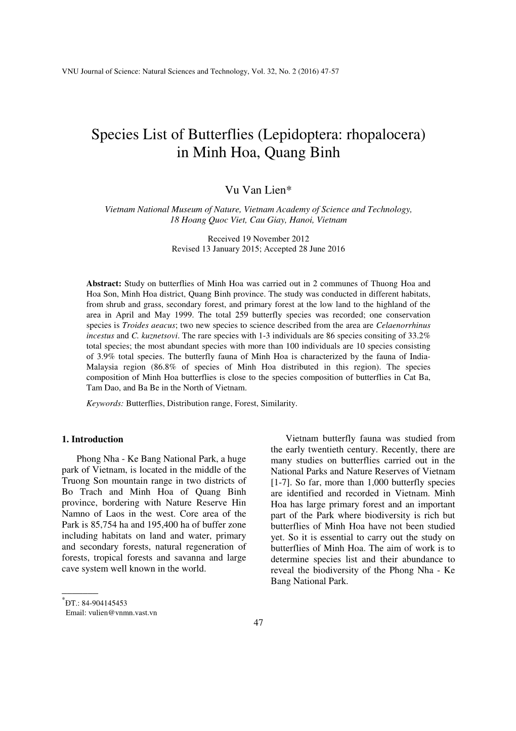Species List of Butterflies (Lepidoptera: Rhopalocera) in Minh Hoa, Quang Binh